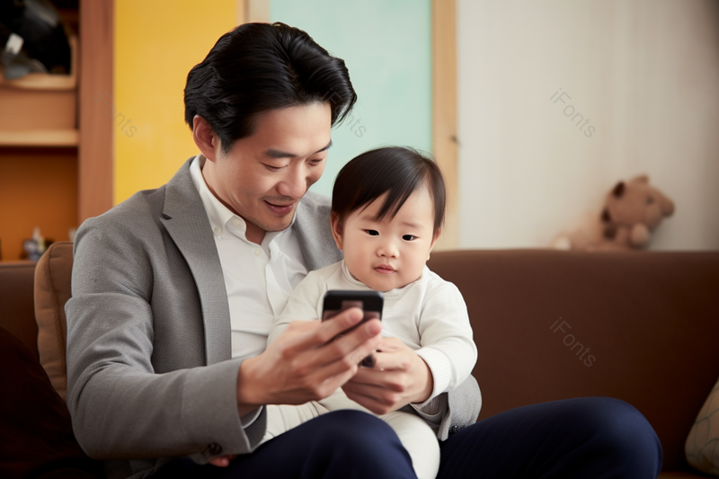 年轻奶爸用手机视频通话亲子家庭摄影图,高清,摄影图,摄影图片,图片大全,摄影图免费下载